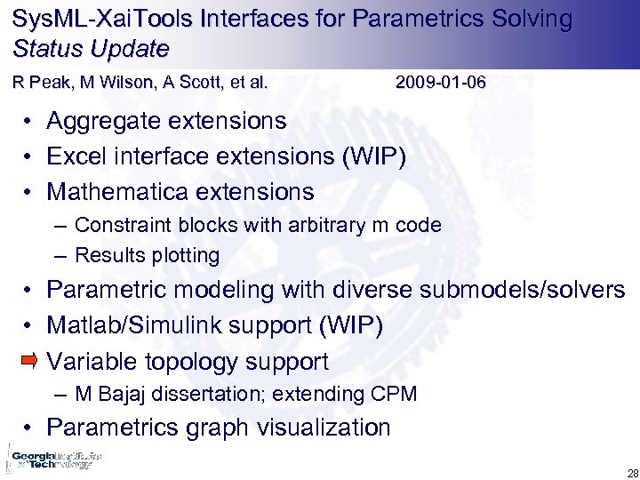 Sys. ML-Xai. Tools Interfaces for Parametrics Solving Status Update R Peak, M Wilson, A