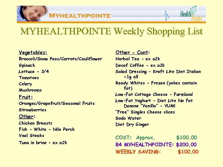 MYHEALTHPOINTE Weekly Shopping List Vegetables: Other - Cont: Broccoli/Snow Peas/Carrots/Cauliflower Spinach Lettuce - 3/4