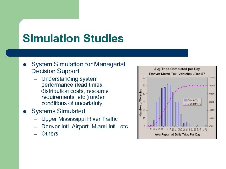 Simulation Studies l System Simulation for Managerial Decision Support – l Understanding system performance