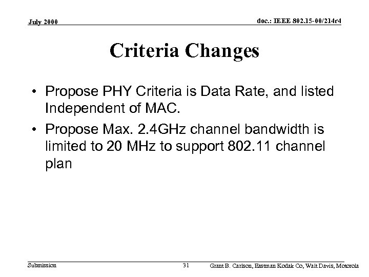 doc. : IEEE 802. 15 -00/214 r 4 July 2000 Criteria Changes • Propose