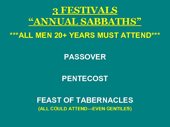 3 FESTIVALS “ANNUAL SABBATHS” ***ALL MEN 20+ YEARS MUST ATTEND*** PASSOVER PENTECOST FEAST OF