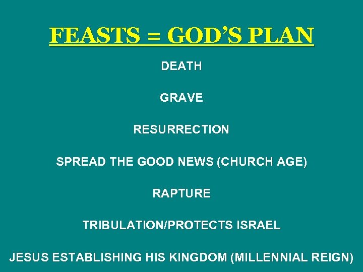 FEASTS = GOD’S PLAN DEATH GRAVE RESURRECTION SPREAD THE GOOD NEWS (CHURCH AGE) RAPTURE