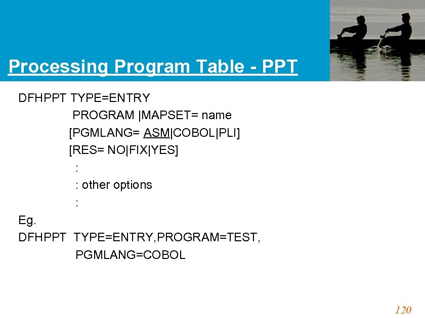 Processing Program Table - PPT DFHPPT TYPE=ENTRY PROGRAM |MAPSET= name [PGMLANG= ASM|COBOL|PLI] [RES= NO|FIX|YES]