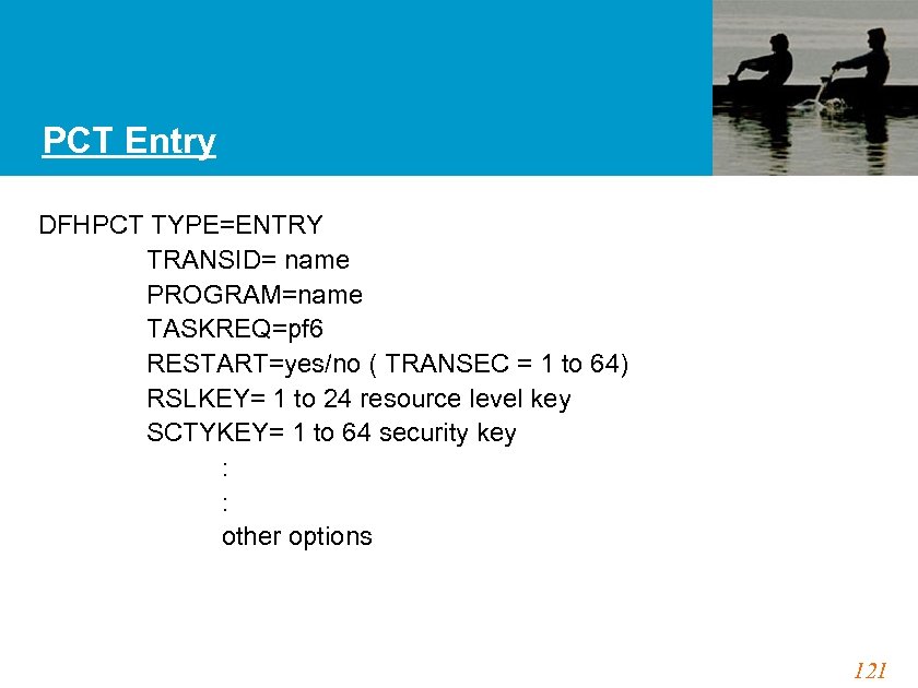 PCT Entry DFHPCT TYPE=ENTRY TRANSID= name PROGRAM=name TASKREQ=pf 6 RESTART=yes/no ( TRANSEC = 1