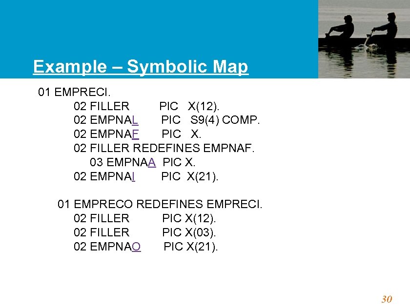 Example – Symbolic Map 01 EMPRECI. 02 FILLER PIC X(12). 02 EMPNAL PIC S