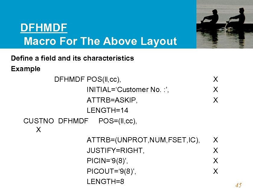 DFHMDF Macro For The Above Layout Define a field and its characteristics Example DFHMDF