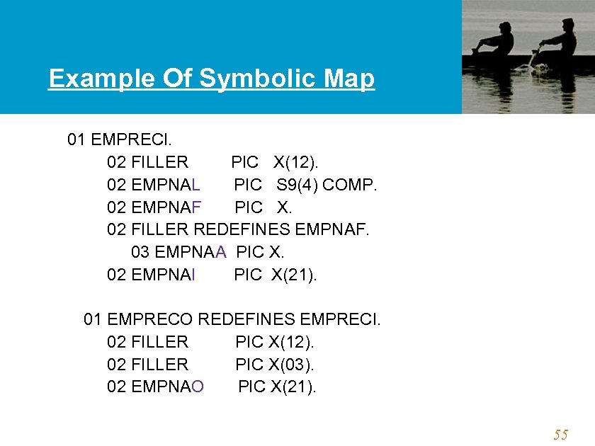 Example Of Symbolic Map 01 EMPRECI. 02 FILLER PIC X(12). 02 EMPNAL PIC S