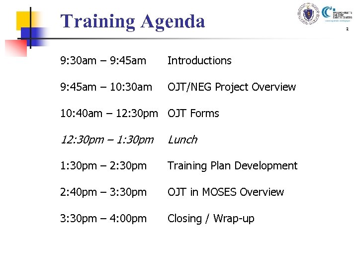 Training Agenda 9: 30 am – 9: 45 am Introductions 9: 45 am –