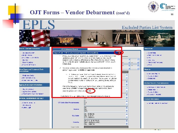 OJT Forms – Vendor Debarment (cont’d) 22 