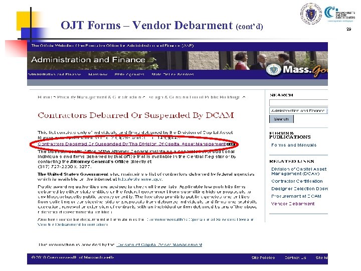 OJT Forms – Vendor Debarment (cont’d) 29 