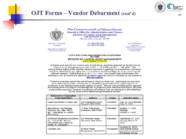 OJT Forms – Vendor Debarment (cont’d) 30 