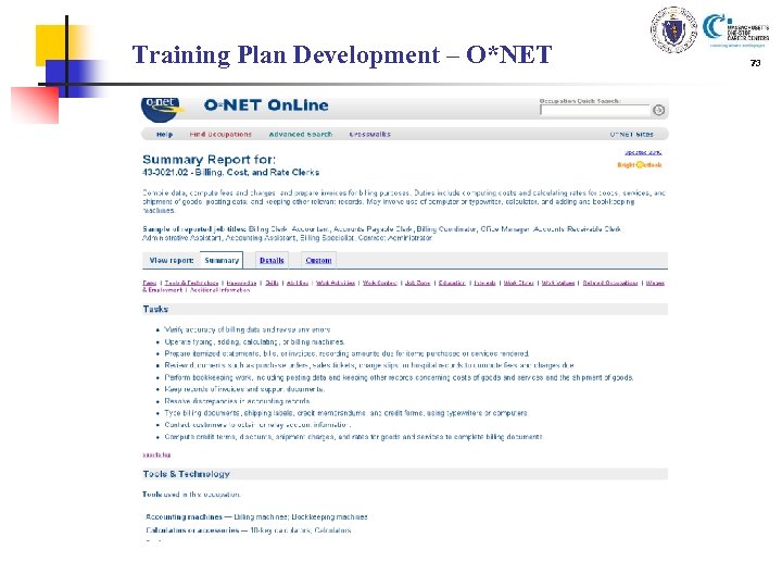 Training Plan Development – O*NET 73 