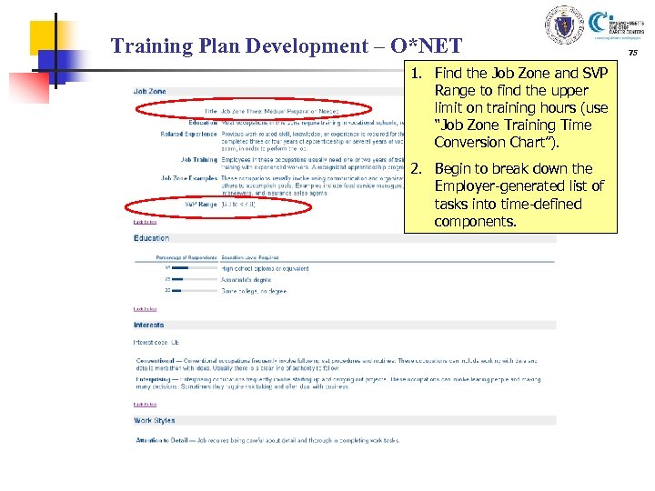 Training Plan Development – O*NET 1. Find the Job Zone and SVP Range to