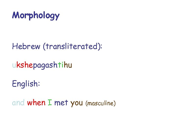 Morphology Hebrew (transliterated): ukshepagashtihu English: and when I met you (masculine) 