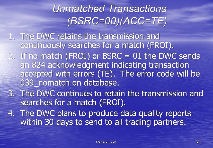 Unmatched Transactions (BSRC=00)(ACC=TE) 1. The DWC retains the transmission and continuously searches for a