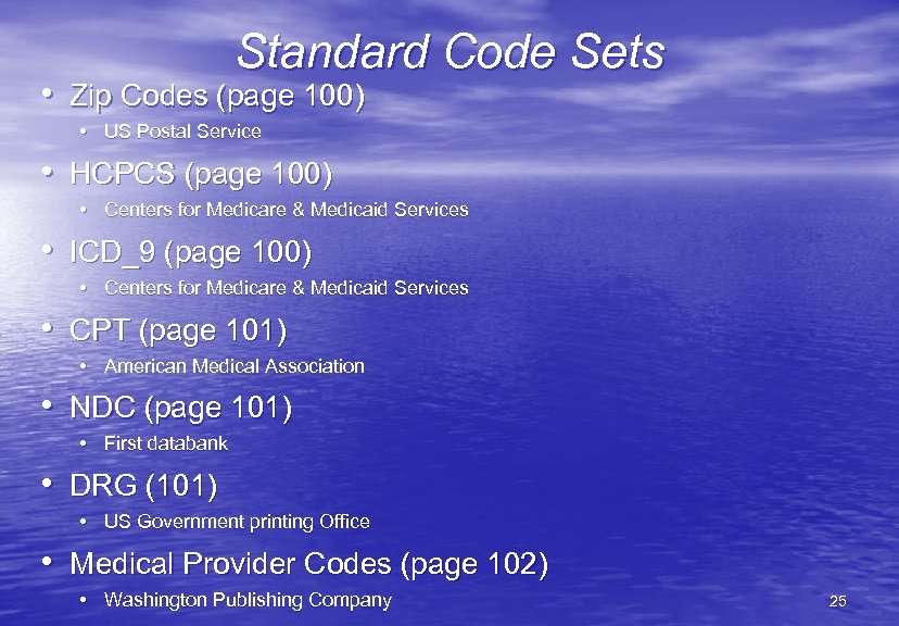 Standard Code Sets • Zip Codes (page 100) • US Postal Service • HCPCS