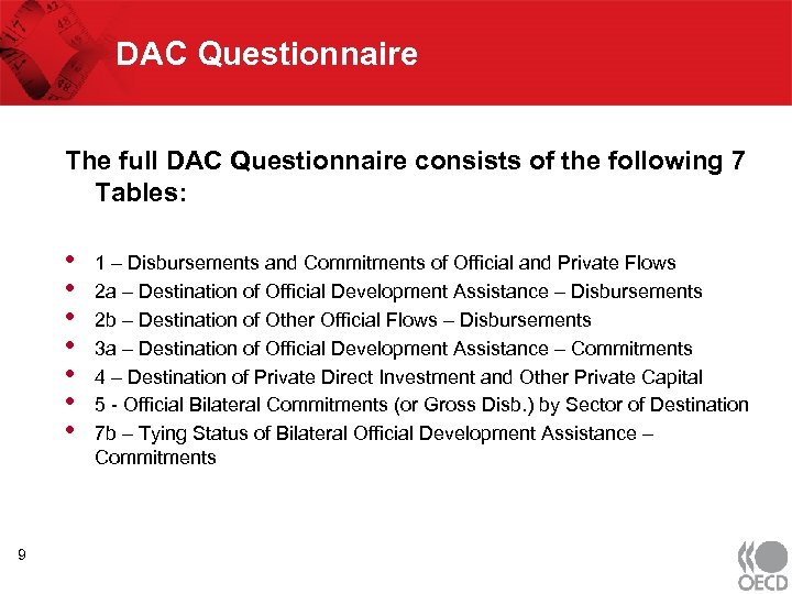 DAC Questionnaire The full DAC Questionnaire consists of the following 7 Tables: • •