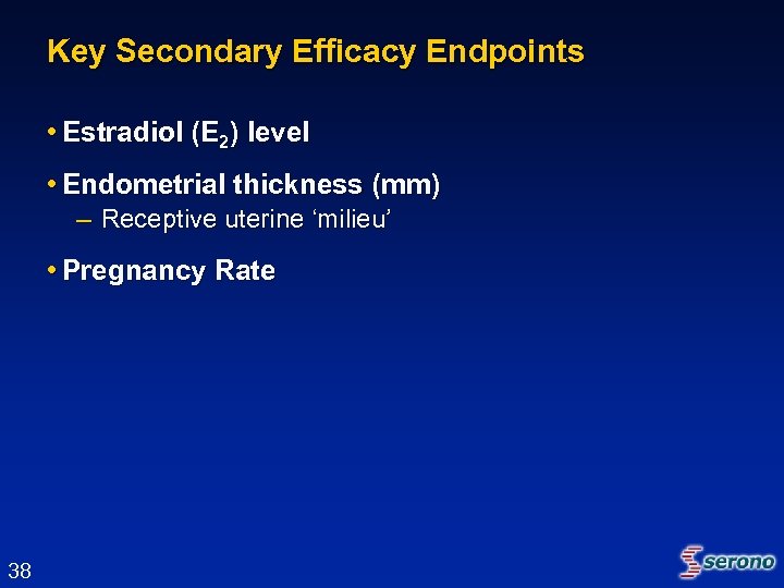 Key Secondary Efficacy Endpoints • Estradiol (E 2) level • Endometrial thickness (mm) –