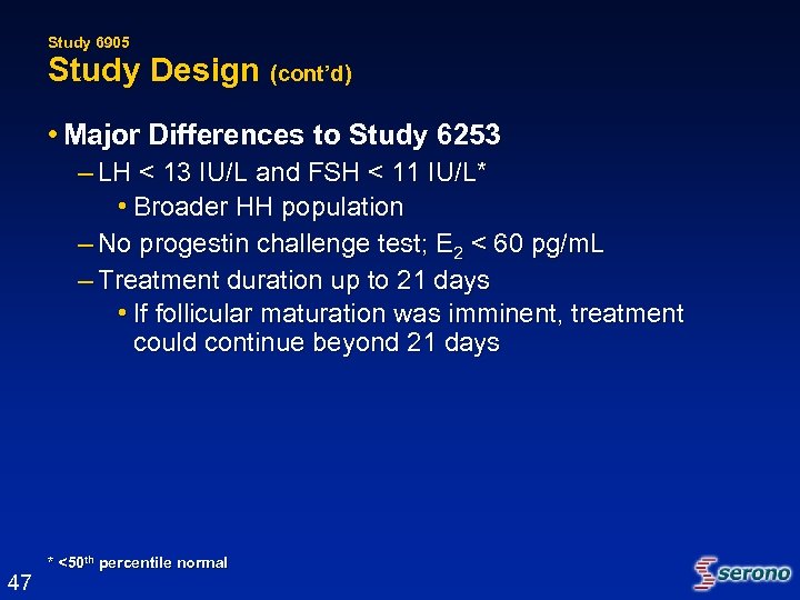 Study 6905 Study Design (cont’d) • Major Differences to Study 6253 – LH <