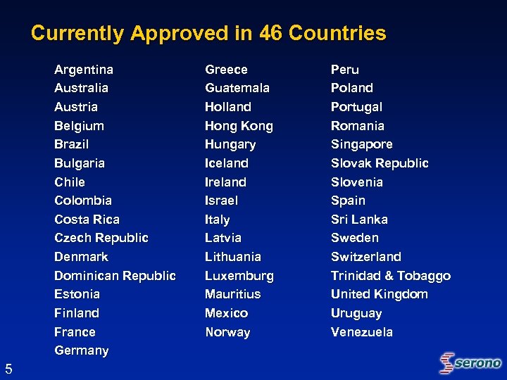 Currently Approved in 46 Countries Argentina Australia Austria Belgium Brazil Bulgaria Chile Colombia Costa