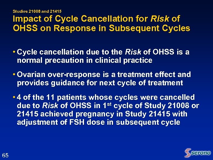 Studies 21008 and 21415 Impact of Cycle Cancellation for Risk of OHSS on Response