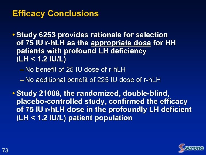 Efficacy Conclusions • Study 6253 provides rationale for selection of 75 IU r-h. LH