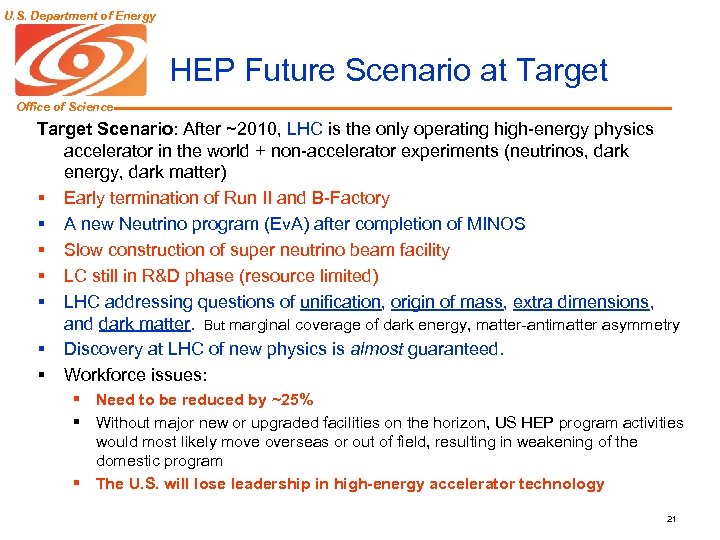 U. S. Department of Energy HEP Future Scenario at Target Office of Science Target