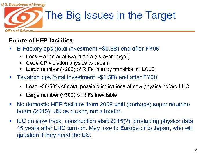 U. S. Department of Energy The Big Issues in the Target Office of Science