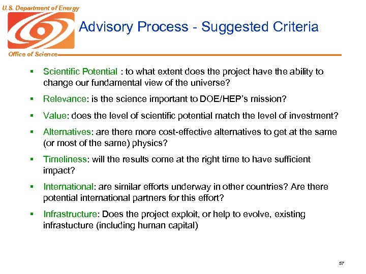 U. S. Department of Energy Advisory Process - Suggested Criteria Office of Science §