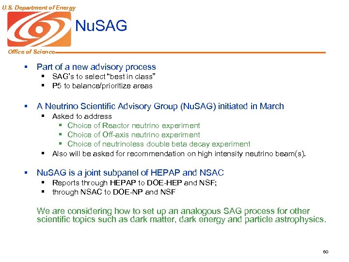 U. S. Department of Energy Nu. SAG Office of Science § Part of a