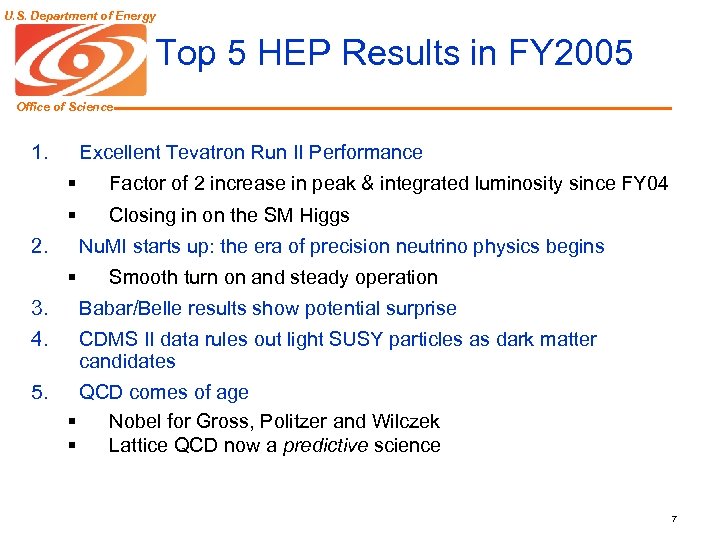 U. S. Department of Energy Top 5 HEP Results in FY 2005 Office of