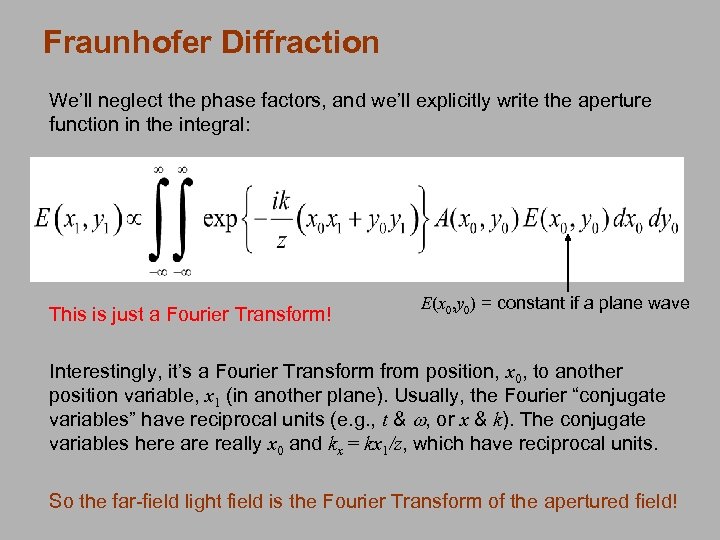 Fraunhofer Diffraction We’ll neglect the phase factors, and we’ll explicitly write the aperture function