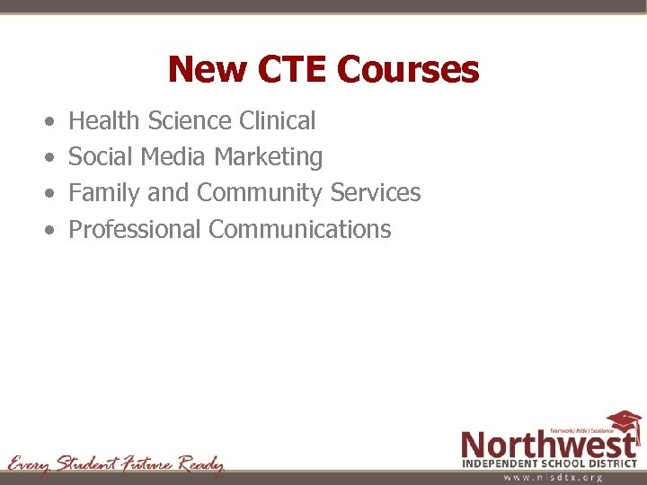 New CTE Courses • • Health Science Clinical Social Media Marketing Family and Community