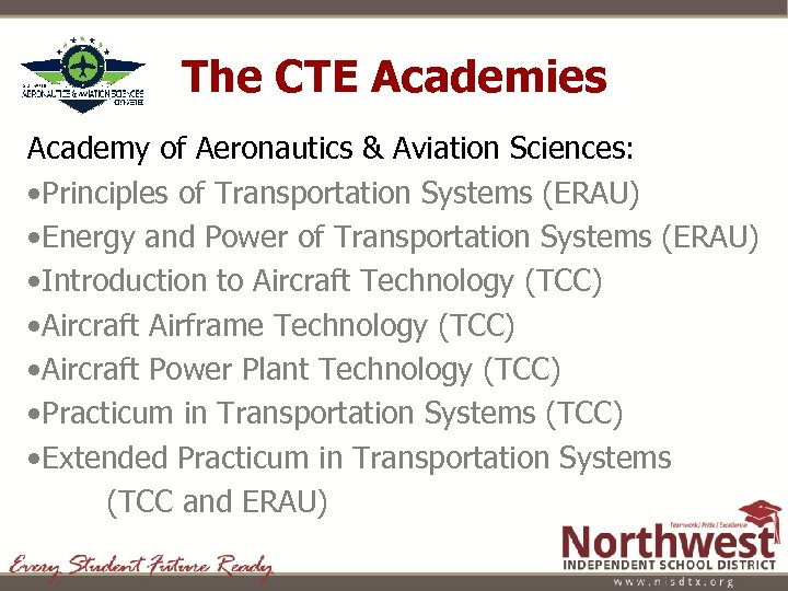 The CTE Academies Academy of Aeronautics & Aviation Sciences: • Principles of Transportation Systems