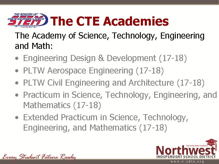 The CTE Academies The Academy of Science, Technology, Engineering and Math: • Engineering Design