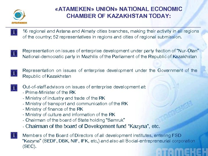  «АTAMEKEN» UNION» NATIONAL ECONOMIC CHAMBER OF KAZAKHSTAN TODAY: 16 regional and Astana and