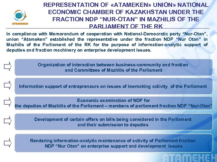 REPRESENTATION OF «АTAMEKEN» UNION» NATIONAL ECONOMIC CHAMBER OF KAZAKHSTAN UNDER THE FRACTION NDP “NUR-OTAN”