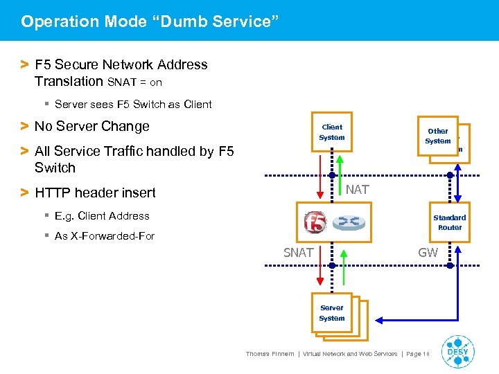 Operation Mode “Dumb Service” > F 5 Secure Network Address Translation SNAT = on