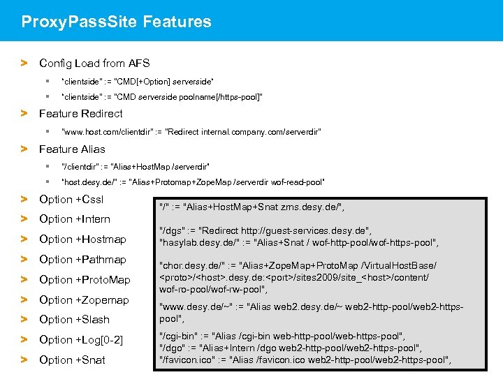 Proxy. Pass. Site Features > Config Load from AFS § “clientside" : = "CMD[+Option]