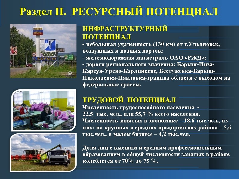 Раздел II. РЕСУРСНЫЙ ПОТЕНЦИАЛ ИНФРАСТРУКТУРНЫЙ ПОТЕНЦИАЛ - небольшая удаленность (130 км) от г. Ульяновск,