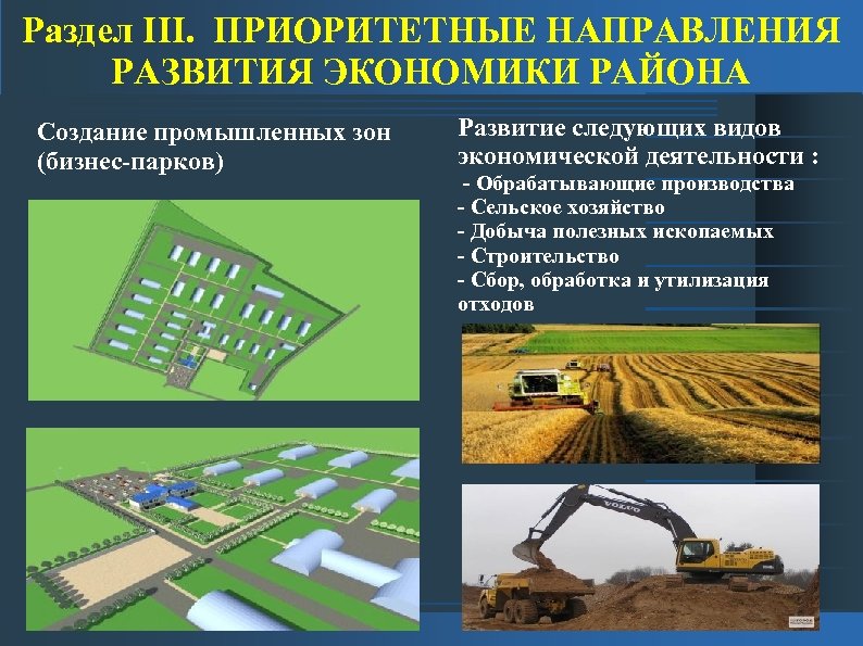 Раздел III. ПРИОРИТЕТНЫЕ НАПРАВЛЕНИЯ РАЗВИТИЯ ЭКОНОМИКИ РАЙОНА Создание промышленных зон (бизнес-парков) Развитие следующих видов