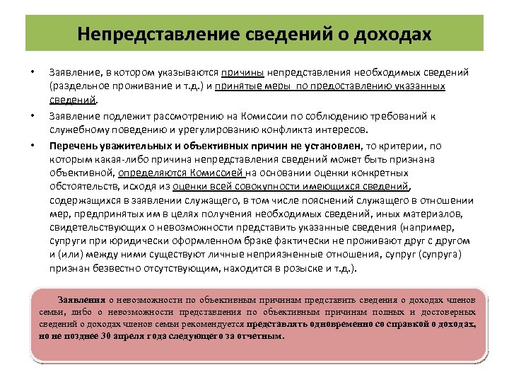 Непредставление сведений о доходах Заявление, в котором указываются причины непредставления необходимых сведений (раздельное проживание