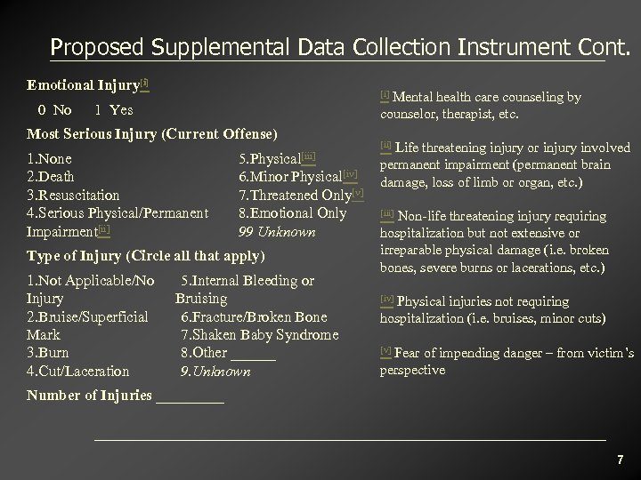 Proposed Supplemental Data Collection Instrument Cont. Emotional Injury[i] 0 No Mental health care counseling