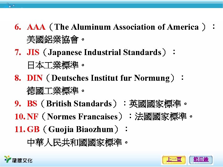 6. AAA（The Aluminum Association of America ）： 美國鋁業協會。 7. JIS（Japanese Industrial Standards）： 日本 業標準。