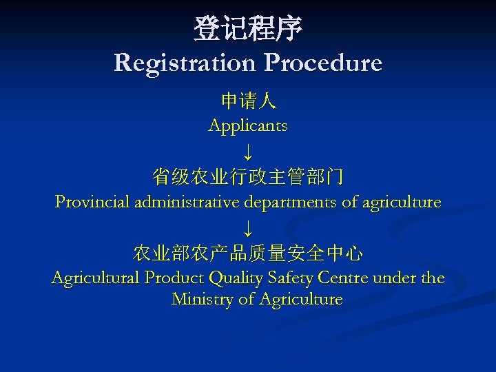 登记程序 Registration Procedure 申请人 Applicants ↓ 省级农业行政主管部门 Provincial administrative departments of agriculture ↓ 农业部农产品质量安全中心