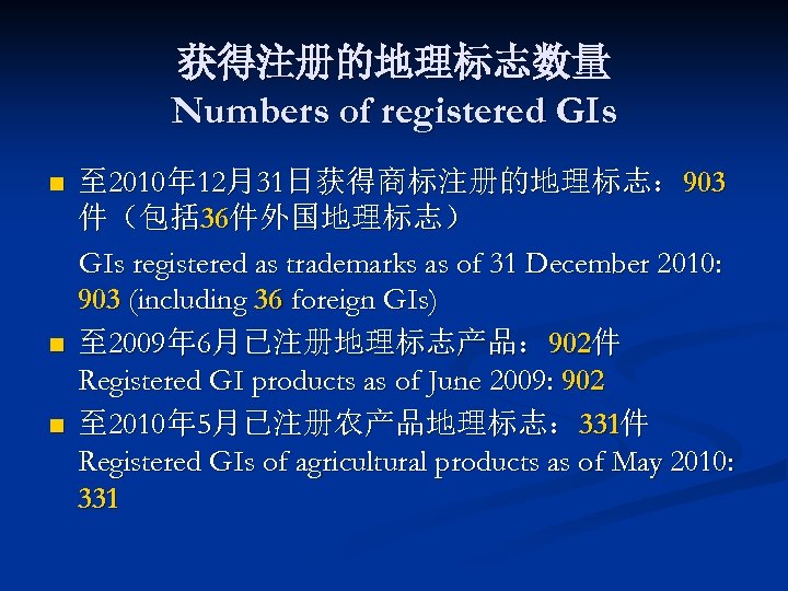 获得注册的地理标志数量 Numbers of registered GIs n n n 至 2010年 12月31日获得商标注册的地理标志： 903 件（包括 36件外国地理标志）