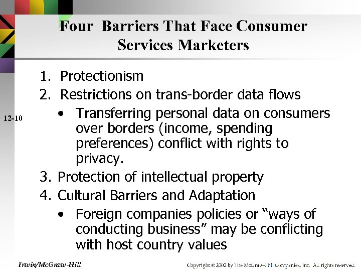 Four Barriers That Face Consumer Services Marketers 12 -10 1. Protectionism 2. Restrictions on