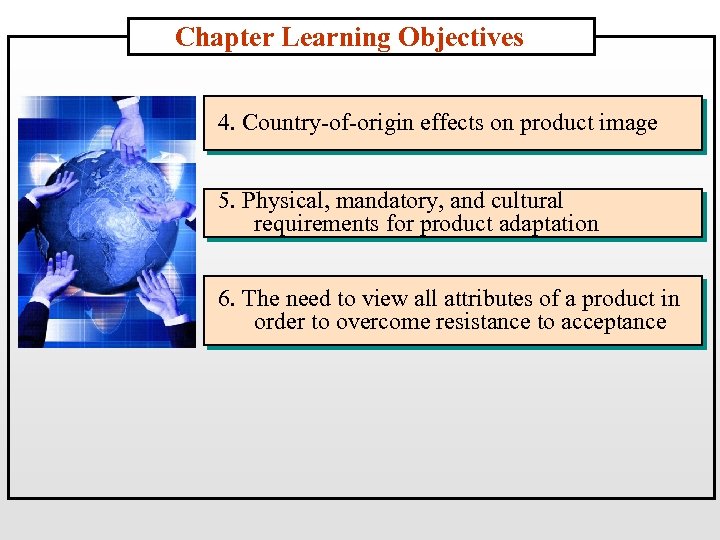 Chapter Learning Objectives 4. Country-of-origin effects on product image 5. Physical, mandatory, and cultural