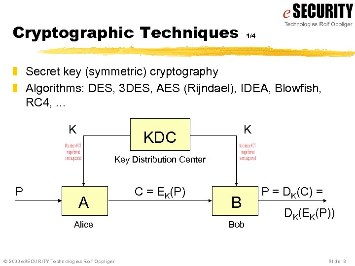 Cryptographic Techniques 1/4 z Secret key (symmetric) cryptography z Algorithms: DES, 3 DES, AES