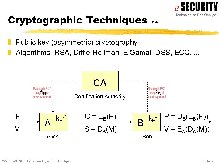 Cryptographic Techniques 2/4 z Public key (asymmetric) cryptography z Algorithms: RSA, Diffie-Hellman, El. Gamal,